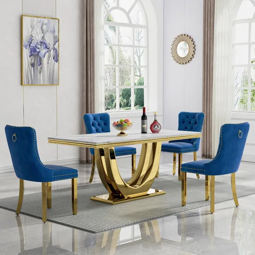Vista 22 de Mesa de comedor blanca de 68 pulgadas para 4-6, mesa de cocina rectangular moderna con mesa de mármol sintético y base de acero inoxidable plateado