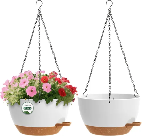 Vista 14 de Paquete de 2 12 macetas colgantes con cadenas, macetas de plástico de riego automático para plantas de interior y exterior, diseño de cadena