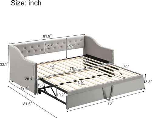 Vista 2 de Harper & Bright Designs Sofá cama extensible de terciopelo de tamaño individual con nido desplegable, marco de sofá cama individual a King con Gris