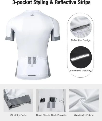 Vista 3 de Santic Camiseta de ciclismo para hombre, manga corta, camiseta de ciclismo de carretera, con cremallera completa, UPF 50+, MTB con bolsillos