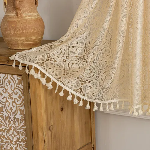 Vista 3 de YJ YANJUN - Cortinas de café boho, 24 pulgadas de largo, 2 paneles, cada una de 59" de ancho x 24" de largo, beige, con crochet, cortinas de cocina