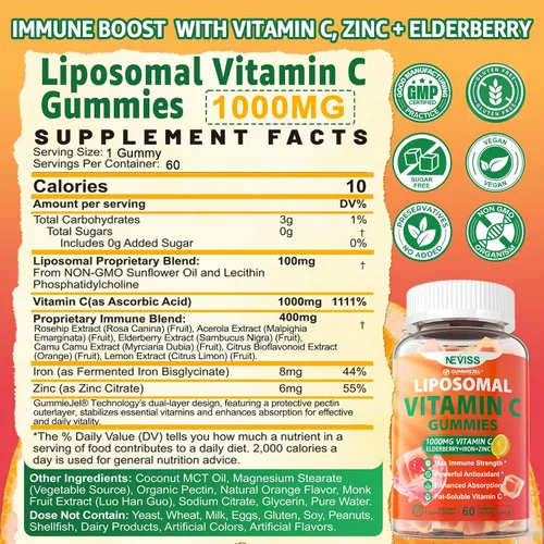 Vista 2 de Gomitas liposomales de vitamina C de 1000 mg para adultos – Vitamina C masticable 1500 mg con 8 mg de hierro, zinc y saúco – Apoyo inmunológico