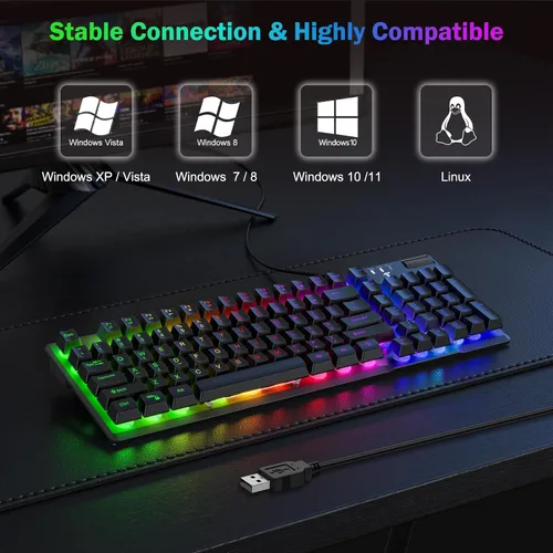 Vista 2 de TECURS Gaming Keyboard-Wired USB Keyboard with LED Backlit, Silent Spill-Resistant Membrane Keyboard,Anti-Ghosting Keys,Durable for