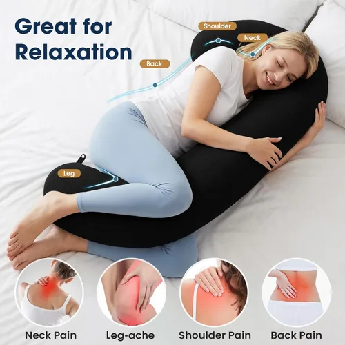Vista 3 de TranquilRelax Almohada corporal en forma de C para dormir de lado, almohada larga de espuma viscoelástica para piernas, cadera y espalda, funda Negro