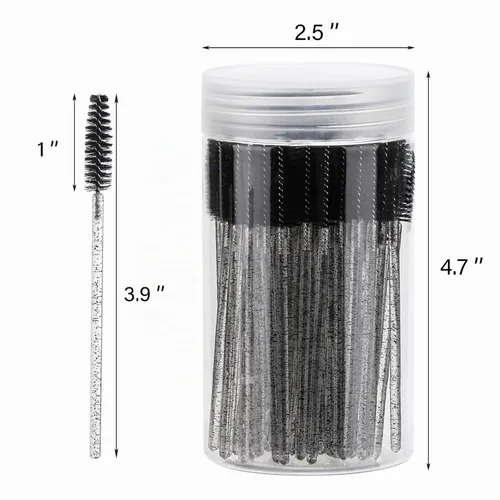 Vista 2 de 100 piezas de varitas de rímel desechables, cepillos espirales de cejas de cristal para extensiones de pestañas, cepillos de pestañas negros