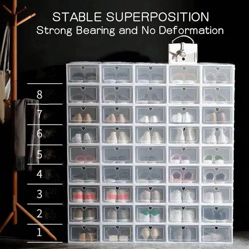 Vista 5 de Caja de almacenamiento de zapatos, cajas organizadoras de zapatos plegables, organizador de zapatos de plástico blanco con cubierta transparente