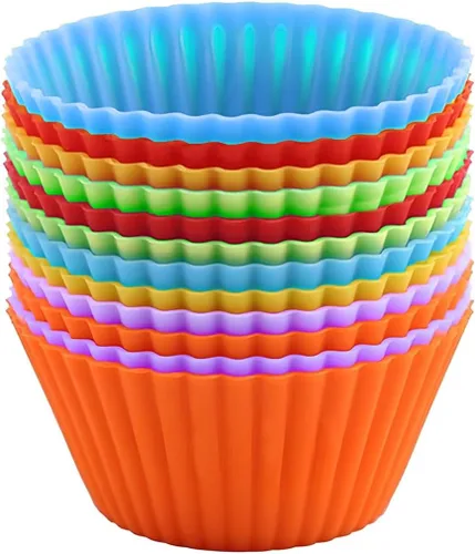 Vista 6 de 12 tazas de silicona multicolor para hornear, forros reutilizables para magdalenas, fáciles de limpiar, antiadherentes para fiestas, regalos