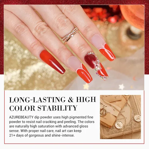 Vista 6 de AZUREBEAUTY - Juego de uñas en polvo para inmersión, rojo navideño, borgoña, rosa, baya, brillo, blanco, plata, purpurina, 6 colores, kit
