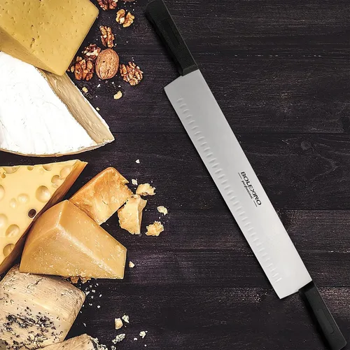 Vista 6 de Cuchillo de queso de doble mango de 15 pulgadas para embutidos, hoja de acero inoxidable de alto carbono con asas de plástico negro de 5 pulgadas
