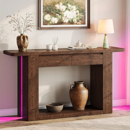 Vista 9 de iPormis Mesa de entrada de 63 pulgadas de largo con 2 cajones de almacenamiento y luces LED, mesa consola estrecha detrás del sofá, mesa de pasillo