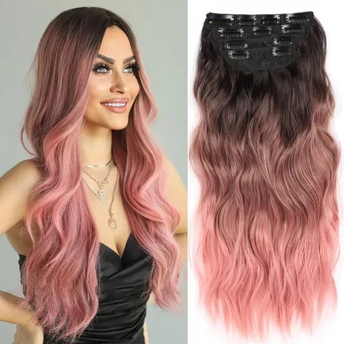 Vista 28 de 4 piezas de extensiones de cabello rizado con clip, color dorado oscuro, mezcla de rubio beige, sintético de 20 pulgadas de largo, extensiones