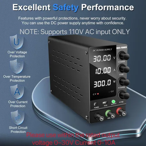 Vista 4 de NICE-POWER Fuente de alimentación CC variable 30V 10A, fuente de alimentación de banco de CC regulada de conmutación ajustable con interruptor