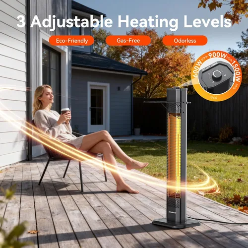 Vista 4 de VAGKRI - Calentador eléctrico para exteriores de patio, 1500 W, 91 cm de infrarrojos con 2 tubos de calor, 3 niveles, protección contra volcadura
