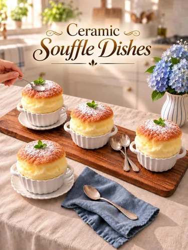 Vista 6 de 4 oz Ceramic Creme Brulee Ramekins with Two Handles, Souffles Dish 3.5*1.6in 6 Pcs Pudding Custard Cups; Healthy Glaze; Dipping Sauce Dishes; Gifts