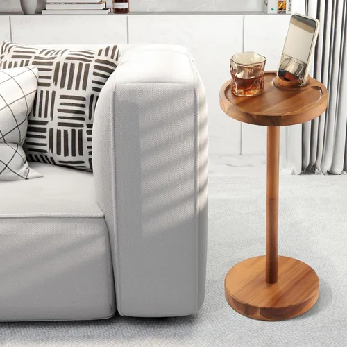 Vista 7 de Mesa auxiliar de pedestal, mesa de bebida de acacia con base pesada, mesa auxiliar redonda pequeña para espacios pequeños con soporte para teléfono