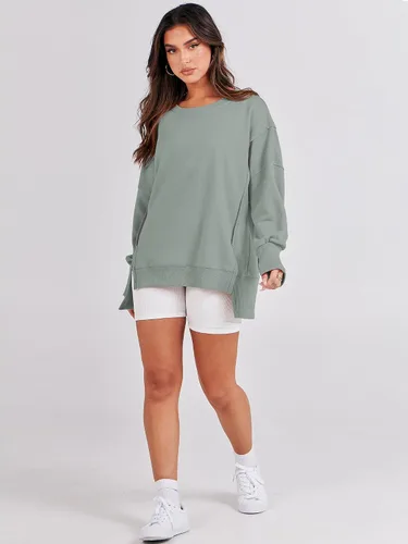 Vista 6 de ANRABESS Sudadera de gran tamaño para mujer, cuello redondo, manga larga, casual, con abertura, sin botones, ropa de otoño