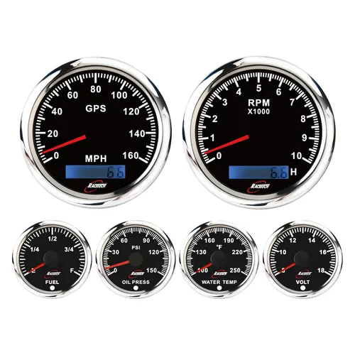 Vista 9 de RACETECH Juego de 6 Instrumentos – Velocímetro GPS de 85mm 260 km/h y Tacómetro 10000 RPM – Medidores de 52mm de Combustible, Aceite, Temperatura