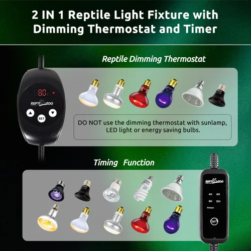 Vista 3 de REPTI ZOO Luminaria de Luz Dual para Reptiles con Termostato de Atenuación y Temporizador, Luminaria de Domo Profundo con Termostato de Atenuación