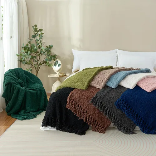 Vista 7 de Manta para sofá, lujosa de punto negra de 50"x60", con textura y borlas confeccionada a mano, para cama, sofá, decoración rústica y boho