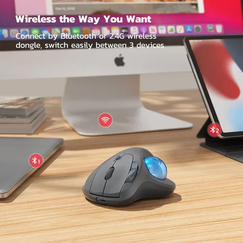 Vista 4 de Nulea M501 Ratón Trackball Inalámbrico, Ergonómico Recargable, Control Fácil con el Pulgar, Seguimiento Preciso y Suave, Conexión de 3 Dispositivos