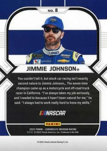 Vista 2 de 2022 Panini Chronicles Obsidian Racing #8 Jimmie Johnson Lowe's/Hendrick Motorsports/Chevrolet Official NASCAR Trading Card