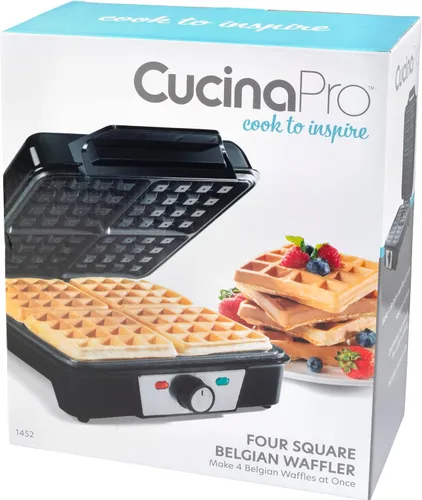 Vista 8 de CucinaPro Máquina para hacer gofres belgas de cuatro cuadrados, aparato de cocina extra grande de acero inoxidable con placas de hierro