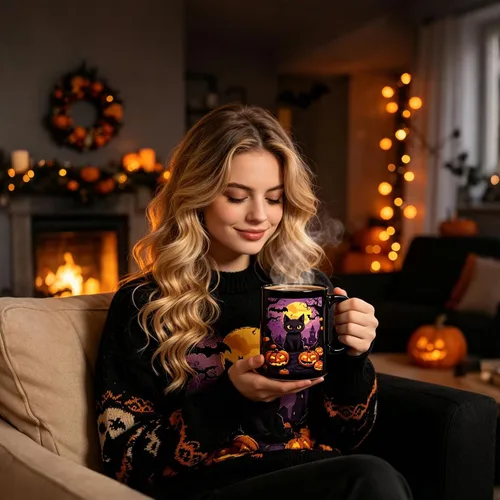 Vista 2 de Caliamary Halloween Color Changing Mug – 11oz Heat Sensitive Coffee Cup with Black Cat & Pumpkin, Novelty Ceramic Mug, Fun Gift for Friends, Women