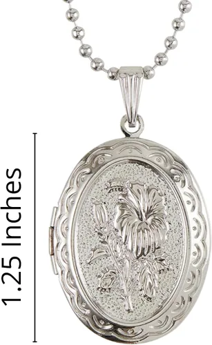 Vista 7 de Collar con medallón en tono plateado para mujer, diseño floral grabado, colgante ovalado con imagen a todo color en el interior, regalo de joyería