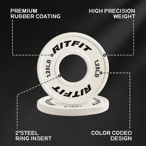 Vista 5 de RitFit Fractional Weight Plates, Rubber Coated Color Coded for Home Gym Rubber Coated with ±10g Accuracy, Color Coded for Quick ID, Progressive