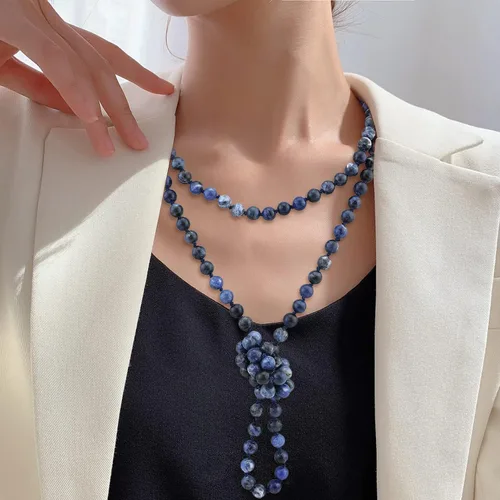 Vista 3 de Firstmeet Moda Natural Redondo Azul Sodalita Piedra Perlas 60 '' Largo Strand Art Deco Collar para Mujer (XL-1170-Azul Sodalita), Piedra, no aplica