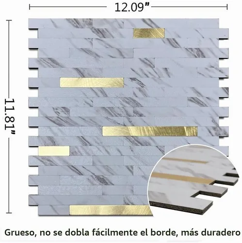 Vista 2 de 10 calcomanías de pared de mosaico de metal mixto de PVC, mármol Mármol blanco + dorado-2