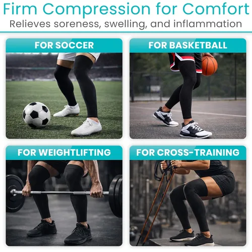 Vista 7 de Vive Mangas de compresión de pierna completa para hombres y mujeres (par) – Soporte de rodilla, pantorrillas y muslos para baloncesto, fútbol, lucha
