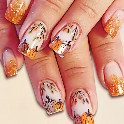 Vista 15 de 24 uñas postizas a presión de hoja de arce, uñas de almendra de longitud media, uñas postizas retro con hojas de otoño con diseño de Acción de Uñas