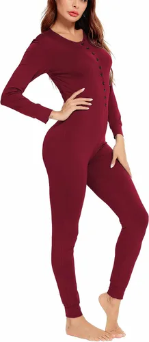 Vista 4 de LecGee Enterizo de pijama para mujer, conjunto de ropa interior de una pieza para adultos, conjunto de ropa interior modal de manga larga, traje