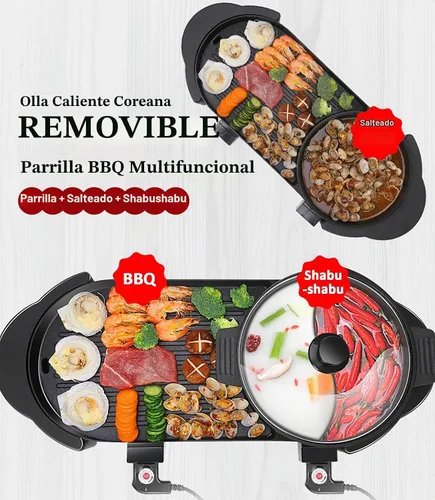 Vista 3 de Olla Caliente con Parrilla, Olla Caliente Eléctrica 2 en 1 Shabu Shabu Olla Caliente Barbacoa Coreana, Olla Caliente Desmontable 1200W / Bandeja