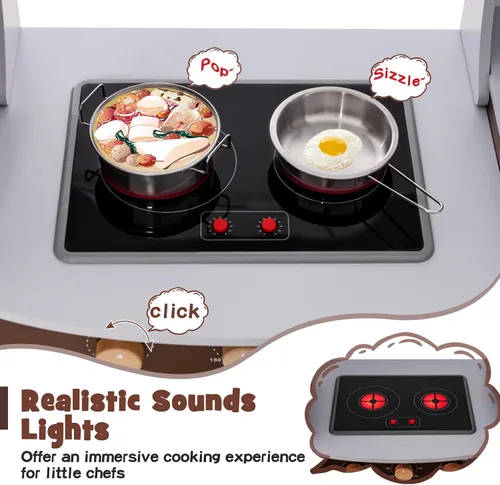 Vista 3 de Costzon Juego de cocina esquinera para niños, cocina de madera con sonidos y luces, lavadora, máquina de hielo, microondas, horno, fregadero