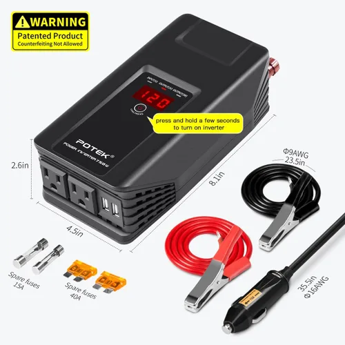 Vista 2 de POTEK - Inversor de corriente de 750W, adaptador de coche DC 12V a AC 110V, con dos puertos USB y puertos de carga AC para laptop, tableta, teléfono