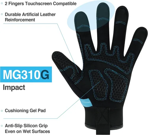 Vista 3 de DEX FIT Guantes de trabajo MG310G Impact, duraderos, agarre resistente, antivibración, amortiguadores, ajuste cómodo, compatibles con pantallas Negro
