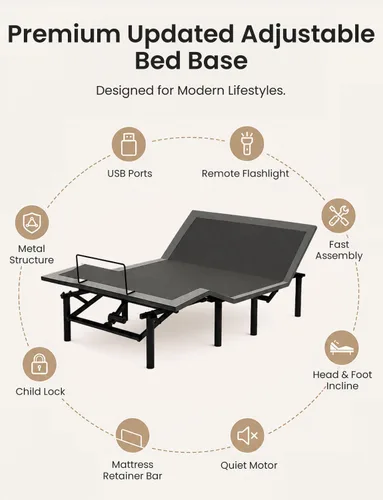 Vista 2 de Mixcous Cama ajustable de tamaño completo con puertos remotos y USB, motor silencioso Modo antironquido de gravedad cero, inclinación de cabeza
