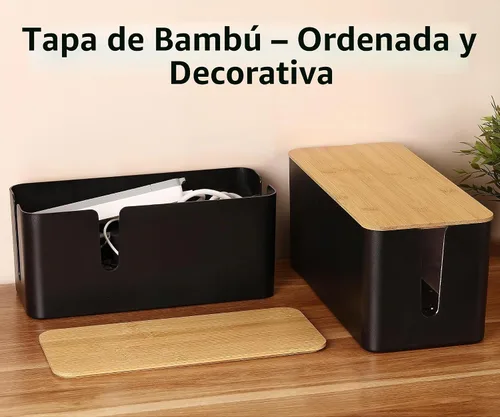 Vista 2 de ZhiYo Caja Organizadora de Cables con Tapa de Bambú, Caja de Gestión de Cables ABS Segura para TV y Computadora, Cubierta de Madera Ocultador