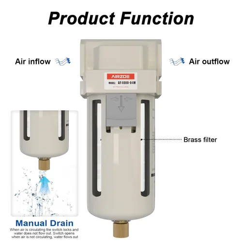Vista 4 de AIRZOE 1/2" NPT Secador de Aire para Compresor - Separador de Agua del Compresor de Aire AF4000-04, Drenaje Manual, Elemento de Latón de 5 Micrones