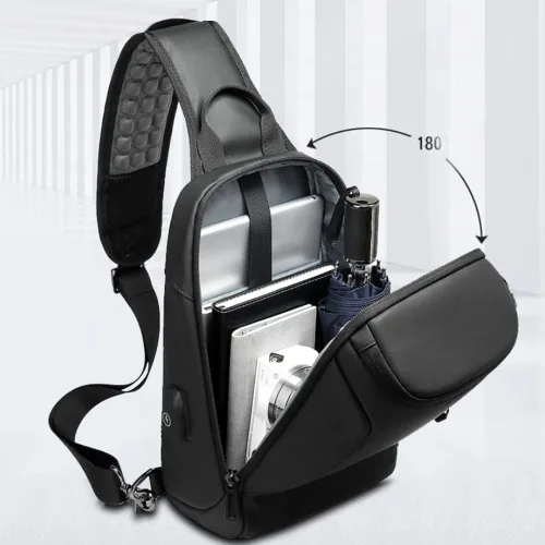 Vista 2 de Leathario Bolso bandolera de cuero para hombre, mochila cruzada para el pecho, mochila pequeña, multiusos, casual, viajes, Negro