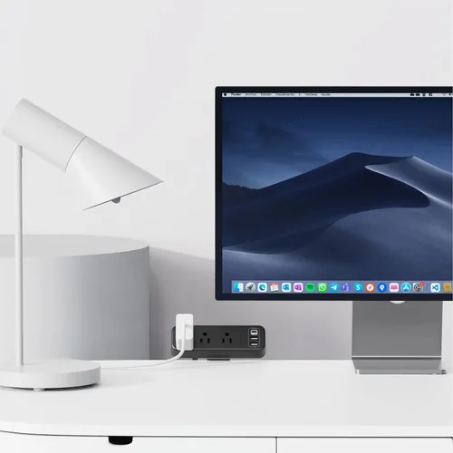 Vista 7 de Regleta de alimentación con abrazadera de escritorio de 3 salidas con USB C, enchufe plano negro abrazadera de borde de escritorio, enchufe