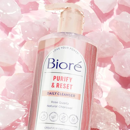 Vista 9 de Limpiador diario purificante Bioré Cuarzo Rosa + Carbón, limpiador facial libre de aceite energiza la piel, dermatológicamente probado y sin