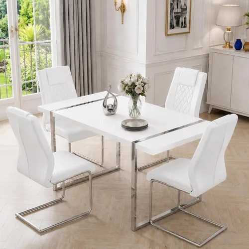 Vista 29 de Juego de mesa de comedor moderna de 55 pulgadas para 4, mesa de comedor negra y marco de metal dorado, mesa de comedor rectangular con 4 sillas