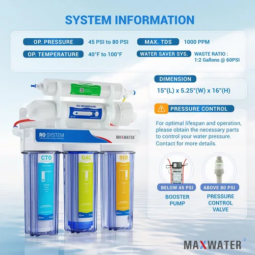 Vista 2 de Max Water 5 etapas 50 GPD (Galones Por Día) Sistema estándar de filtración de agua RO (Ósmosis Inversa) - Instalación bajo el fregadero/montaje