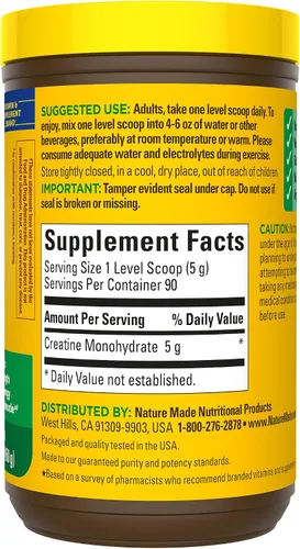 Vista 10 de Nature Made Polvo de Monohidrato de Creatina Micronizada 5 g por Porción, Polvo de Mezcla para Bebidas Sin Sabor, Apoyo Muscular, 450 g, Suministro