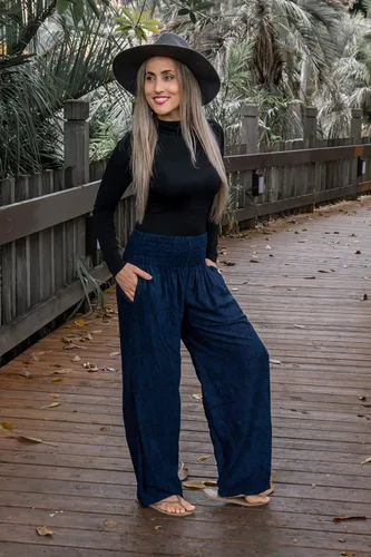 Vista 3 de PIYOGA Pantalones palazzo de pierna ancha para mujer holgados cintura alta fruncida con bolsillos