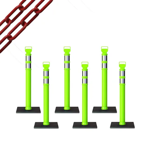Vista 34 de CCW 6-Pack 45" Delineador Post Kit Kit de 3.0 in collares reflectantes, base de goma de 10 lb (6 postes blancos con cadena negra de 50 pies)