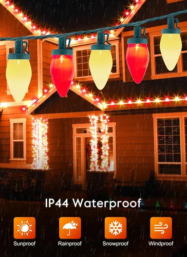 Vista 5 de Luces de Navidad C9 para Exteriores, 100 Pies de Luces de Cadena Impermeables Color Fresa con 100 Bombillas, Luces Impermeables Conectables